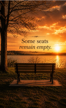 An empty bench by the water at sunset with the words “Some seats remain empty.”
