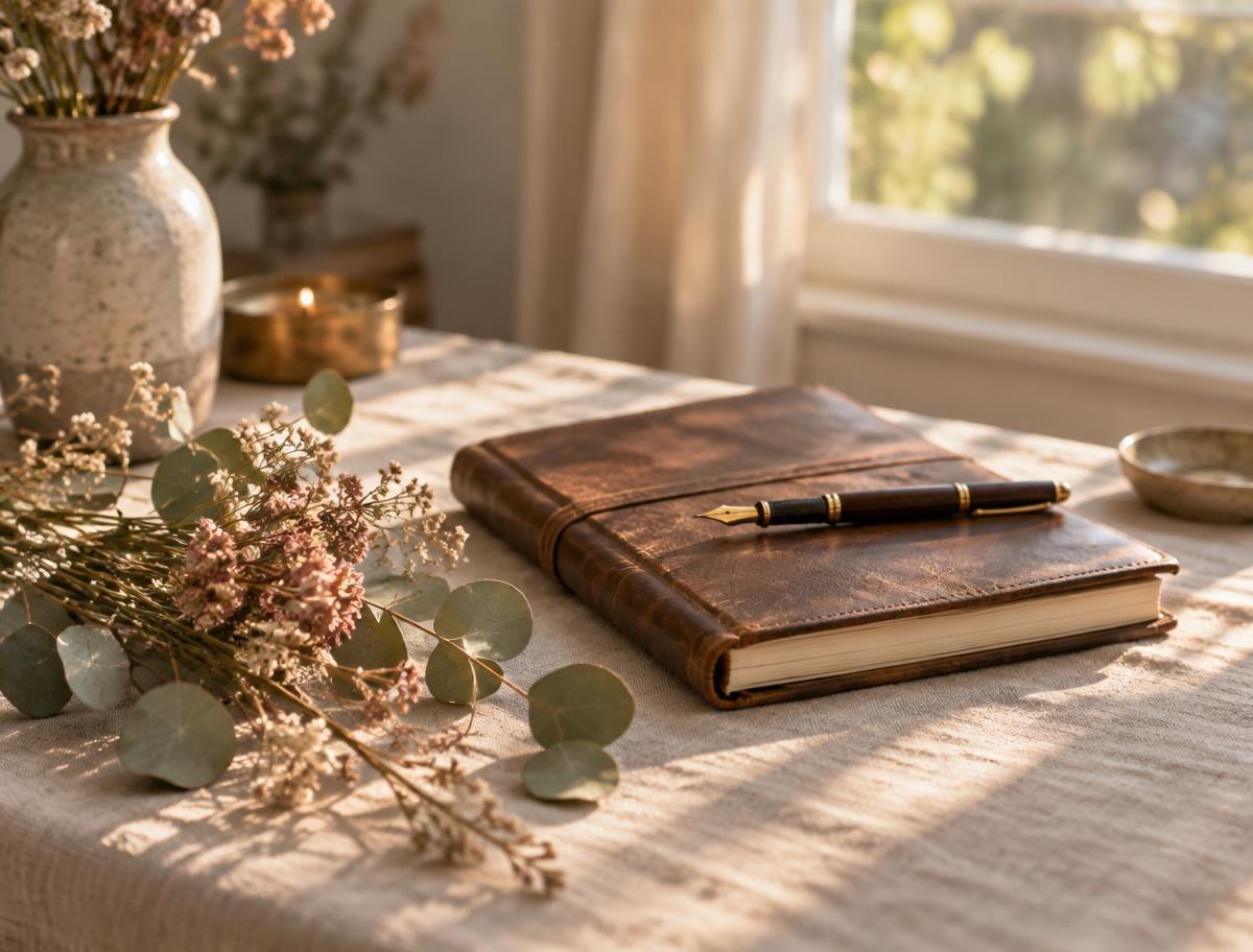 A journal and pen beside a sprig of wildflowers in soft morning light